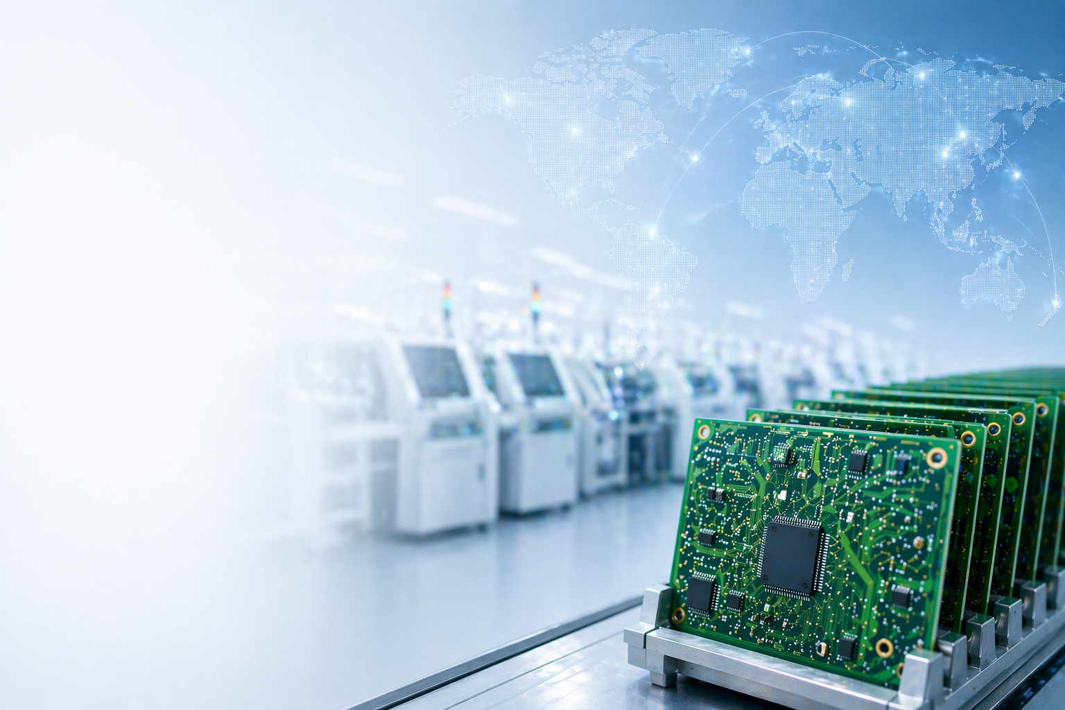 PCB boards on a smart manufacturing production line with global network overlay